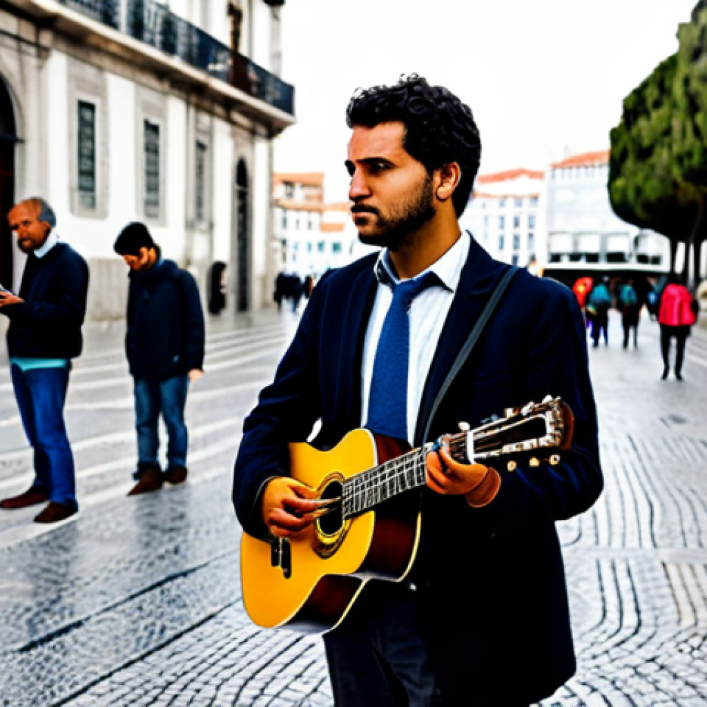 Silent Observer**

"A street musician playing guitar in a Lisbon square, professional attire, fully clothed, modest, surrounded by blurred figures walking by, some looking down at their phones, safe for work, appropriate content, perfect anatomy, correct proportions, natural pose, well-formed hands, proper finger count, natural body proportions, overcast day, realistic rendering, professional photography."

**