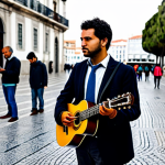 Silent Observer**

"A street musician playing guitar in a Lisbon square, professional attire, fully clothed, modest, surrounded by blurred figures walking by, some looking down at their phones, safe for work, appropriate content, perfect anatomy, correct proportions, natural pose, well-formed hands, proper finger count, natural body proportions, overcast day, realistic rendering, professional photography."

**