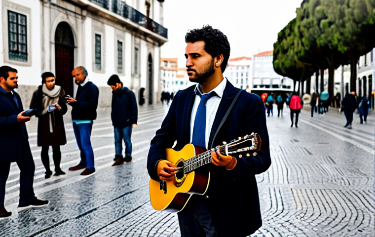 Silent Observer**
"A street musician playing guitar in a Lisbon square, professional attire, fully clothed, modest, surrounded by blurred figures walking by, some looking down at their phones, safe for work, appropriate content, perfect anatomy, correct proportions, natural pose, well-formed hands, proper finger count, natural body proportions, overcast day, realistic rendering, professional photography."
**