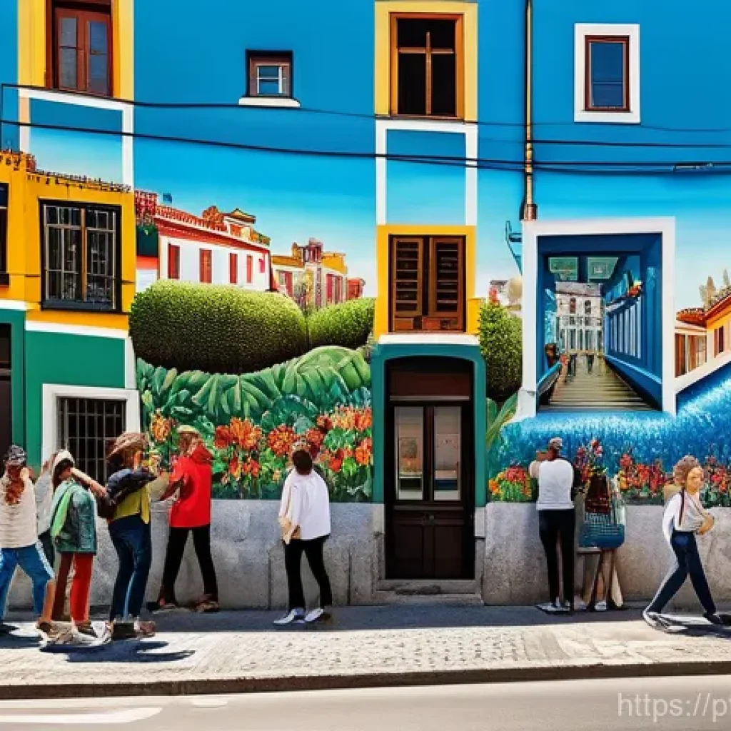 거리공연과 비주얼 아트 - A wide, eye-level shot captures a vibrant, hyper-realistic mural spanning the entire side of a tradi...