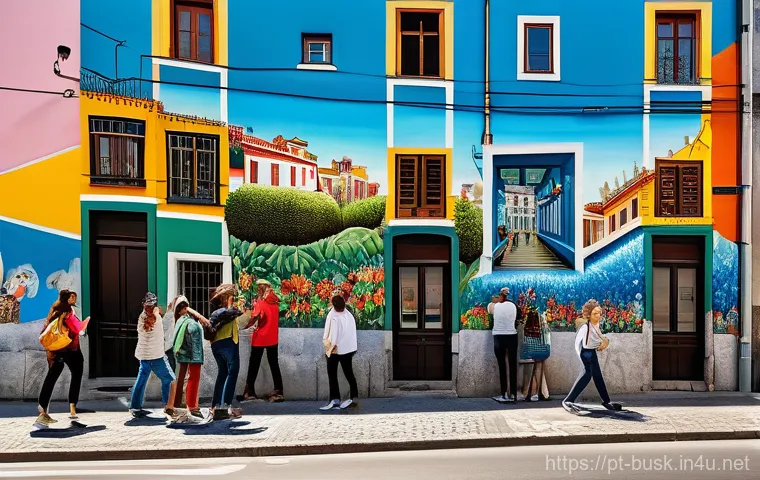 거리공연과 비주얼 아트 - A wide, eye-level shot captures a vibrant, hyper-realistic mural spanning the entire side of a tradi...
