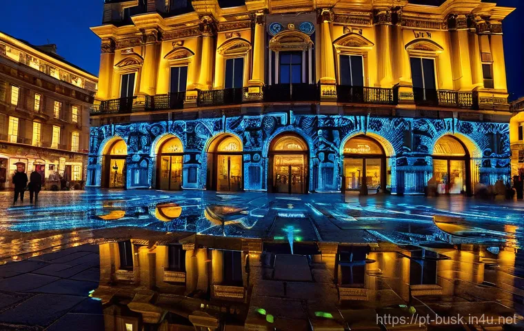 거리공연과 비주얼 아트 - A wide, eye-level shot captures a vibrant, hyper-realistic mural spanning the entire side of a tradi...