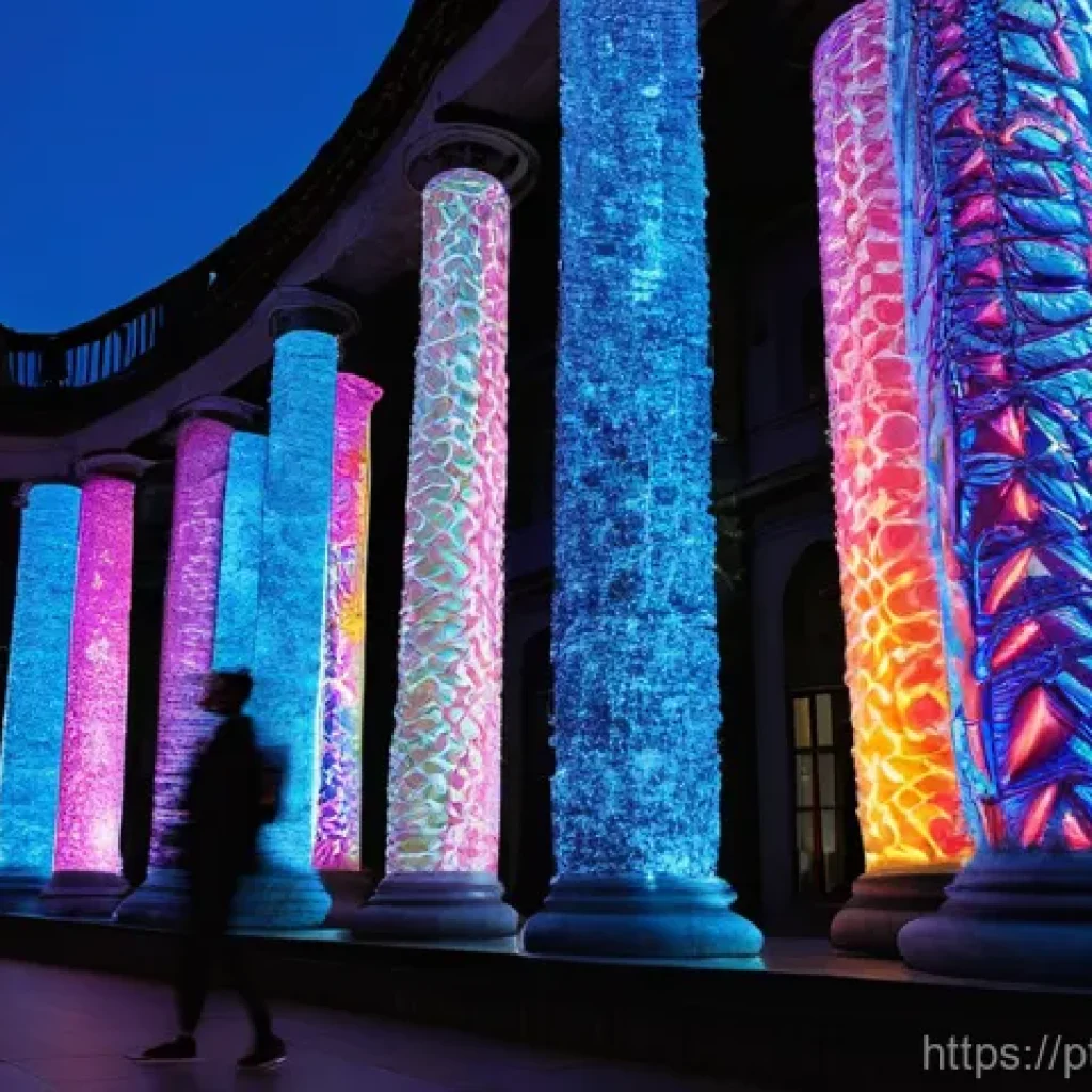 거리공연을 위한 멀티미디어 활용 - **Urban Canvas - A Dynamic Video Mapping Spectacle:**
A majestic, aged stone building in a bustl...