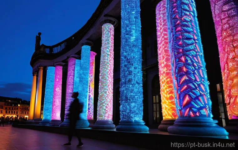 거리공연을 위한 멀티미디어 활용 - **Urban Canvas - A Dynamic Video Mapping Spectacle:**
A majestic, aged stone building in a bustl...