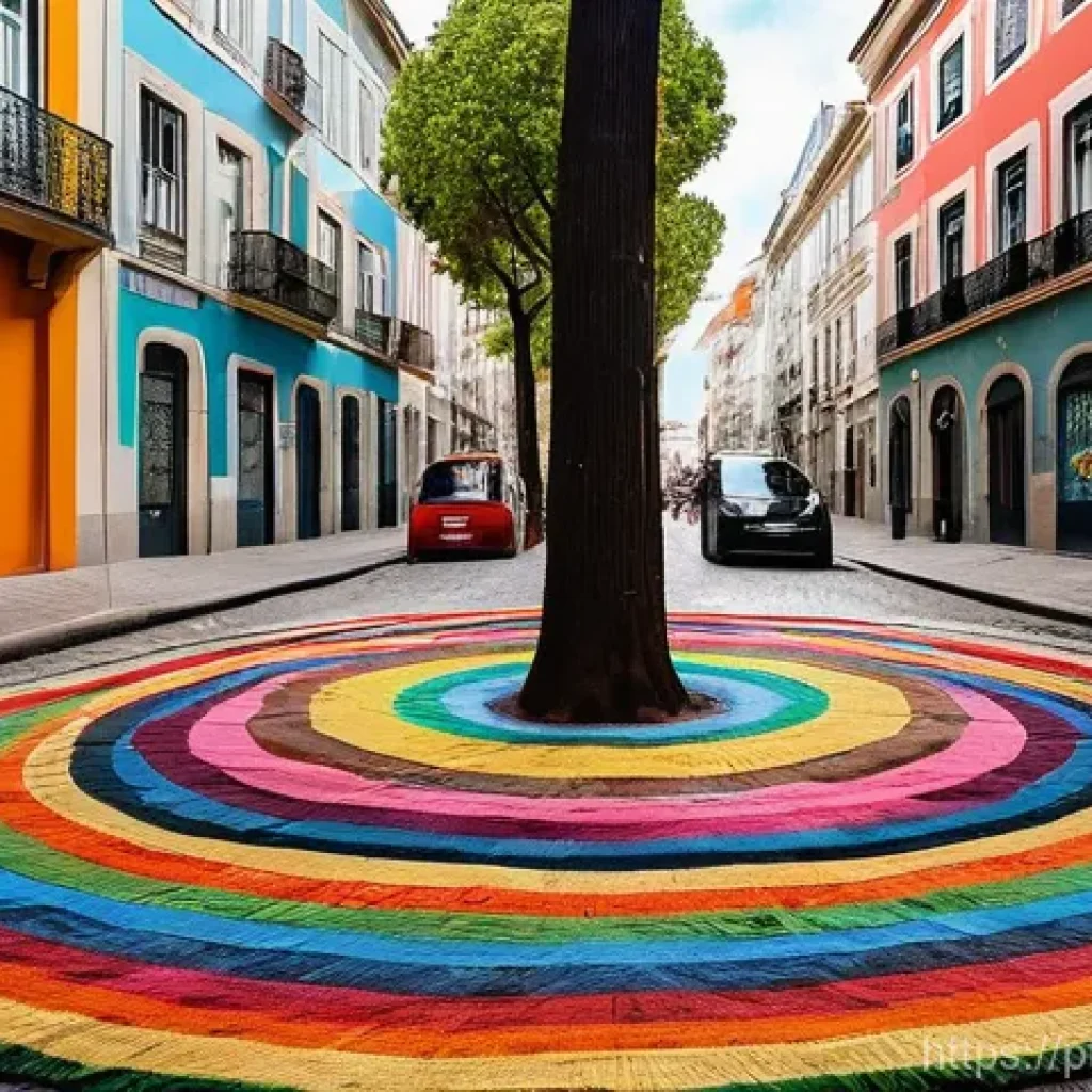 거리공연에 대한 대중의 관심 유도 - **Prompt:** A vibrant street in Lisbon's Baixa district or São Paulo's Beco do Batman, teeming with ...