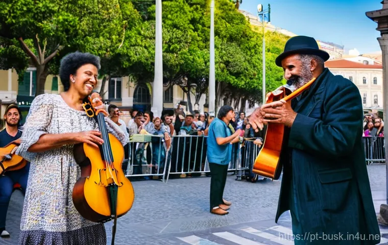 거리공연에 대한 대중의 관심 유도 - **Prompt:** A vibrant street in Lisbon's Baixa district or São Paulo's Beco do Batman, teeming with ...