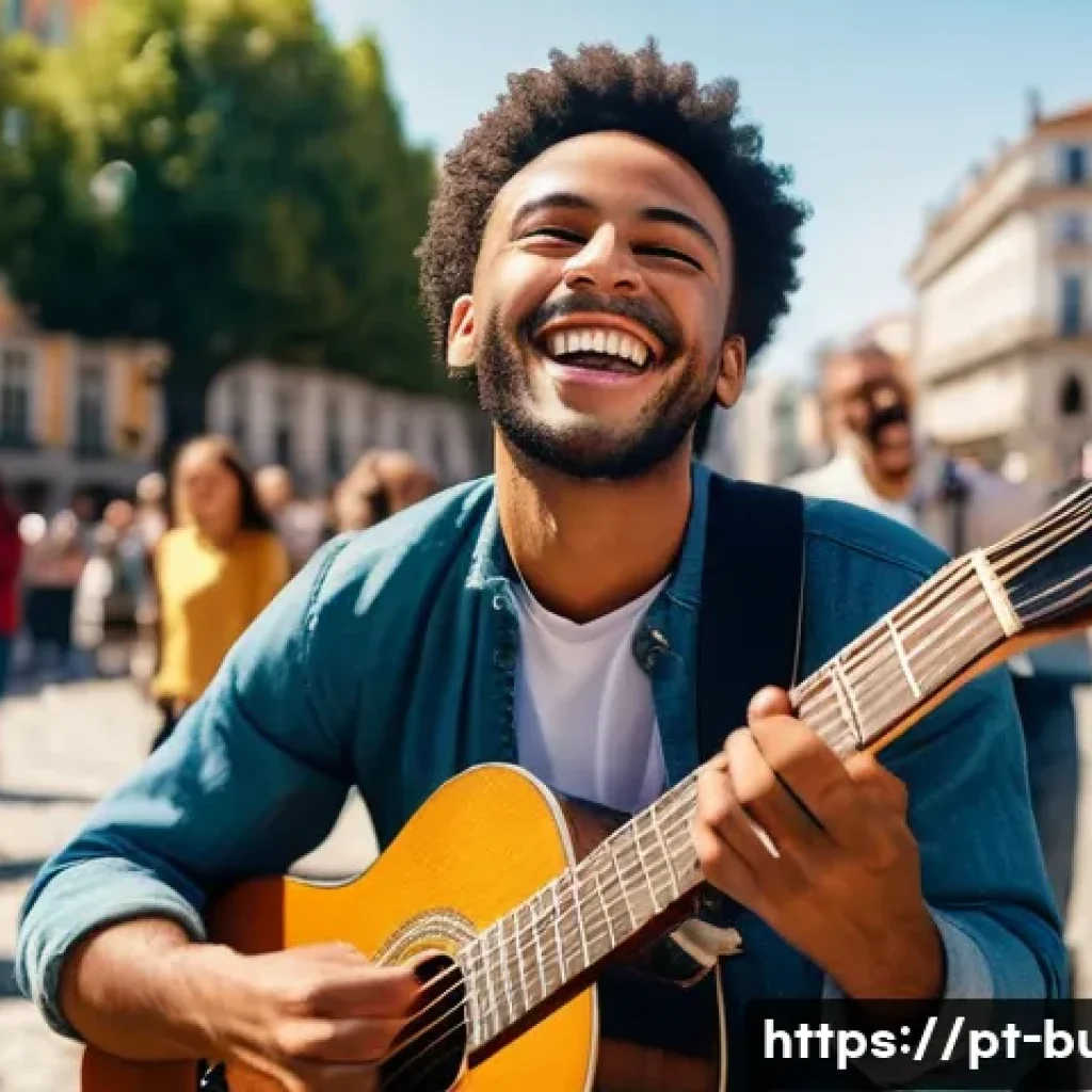 거리공연의 기획 및 실행 - A solo male musician, with a warm and genuine smile, passionately playing an acoustic guitar on a su...