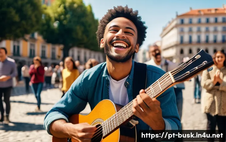 거리공연의 기획 및 실행 - A solo male musician, with a warm and genuine smile, passionately playing an acoustic guitar on a su...