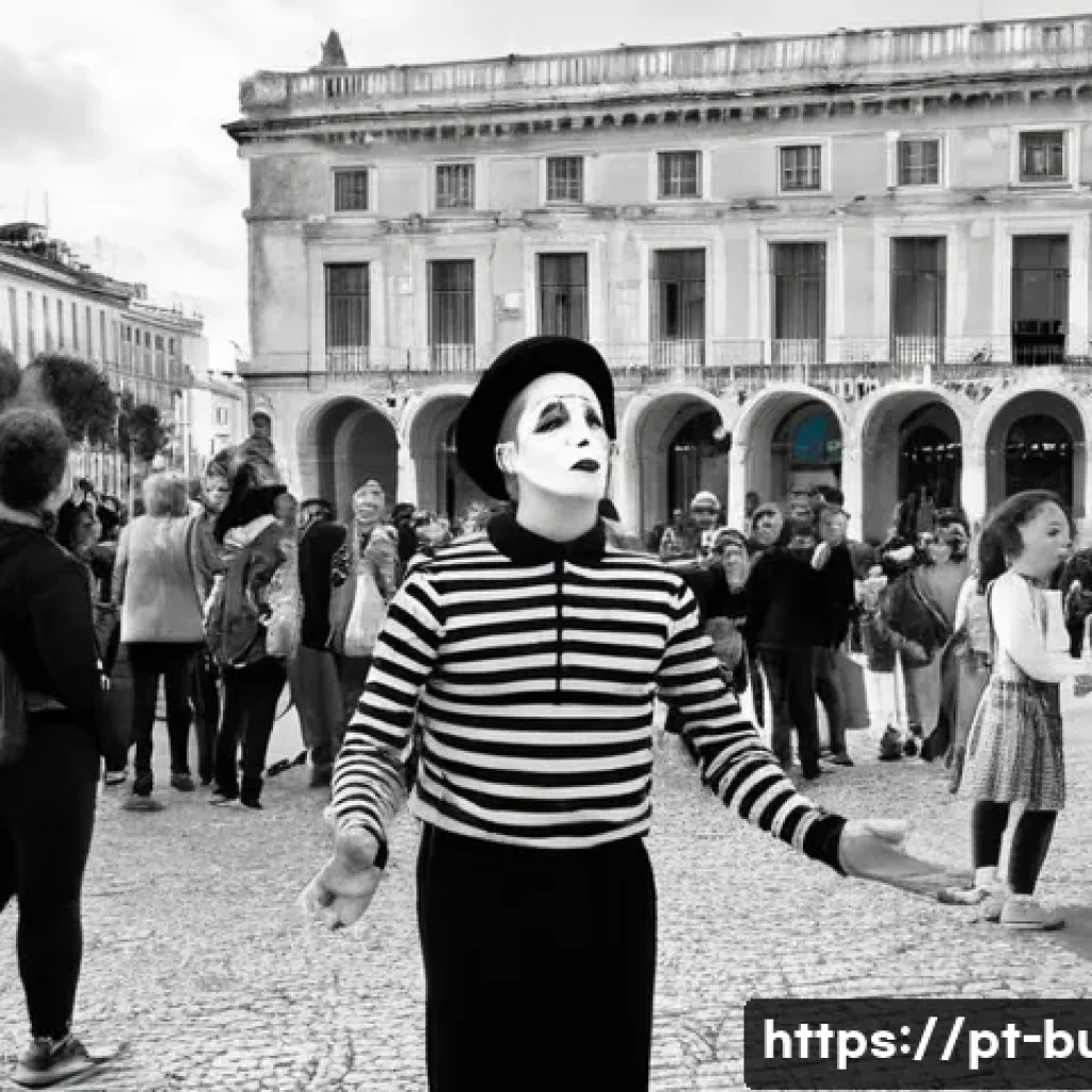 거리공연에서의 퍼포먼스 기법 - **Prompt: The Mime's Enchanting Welcome in Lisbon**
A street mime, impeccably dressed in a class...