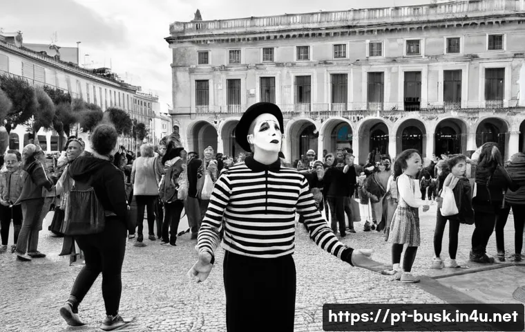 거리공연에서의 퍼포먼스 기법 - **Prompt: The Mime's Enchanting Welcome in Lisbon**
A street mime, impeccably dressed in a class...