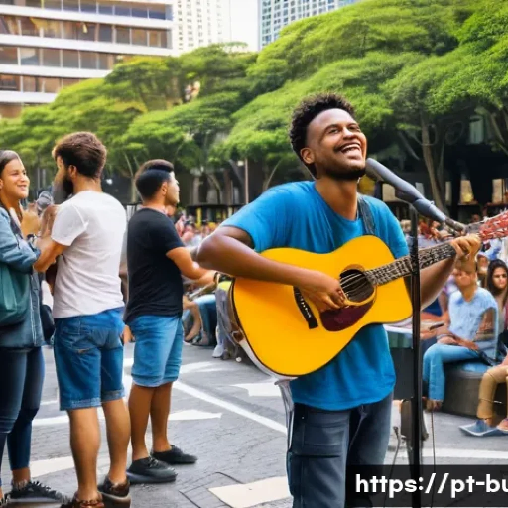 거리공연을 위한 기초 교육 - A vibrant street musician performing in a busy São Paulo urban square during the afternoon, wearing ...