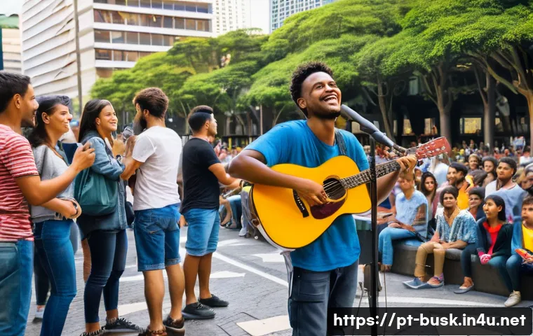 거리공연을 위한 기초 교육 - A vibrant street musician performing in a busy S&atilde;o Paulo urban square during the afternoon, wearing ...