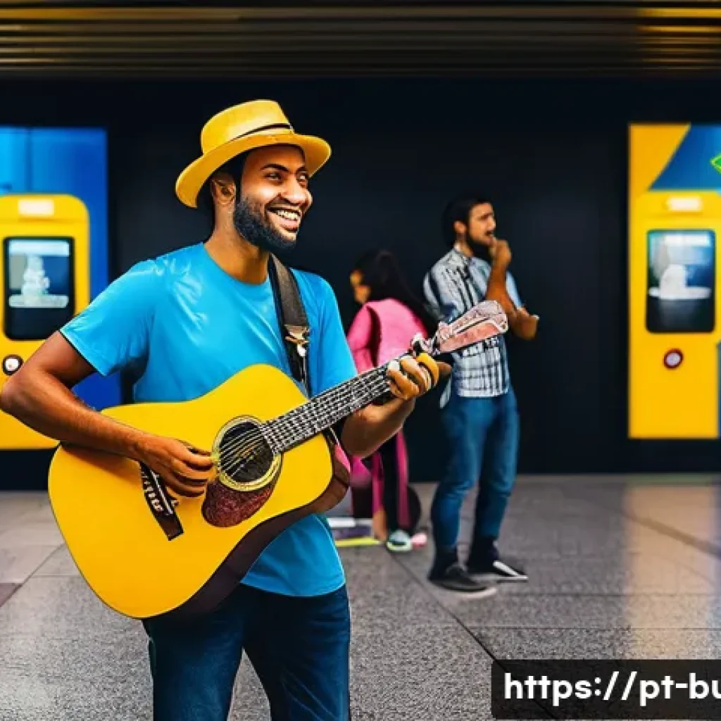 거리공연의 수익 창출 방법 - A lively street musician performing with a lightweight acoustic guitar and portable microphone in a ...