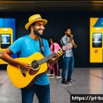 거리공연의 수익 창출 방법 - A lively street musician performing with a lightweight acoustic guitar and portable microphone in a ...