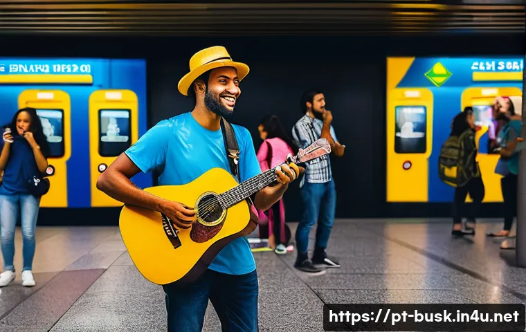 거리공연의 수익 창출 방법 - A lively street musician performing with a lightweight acoustic guitar and portable microphone in a ...