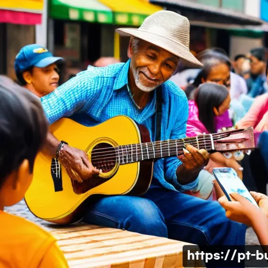 거리공연을 위한 경제적 분석 - A vibrant street performer in São Paulo, Brazil, playing an acoustic guitar with a portable speaker ...