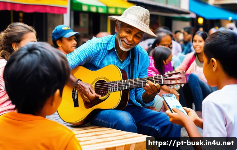 거리공연을 위한 경제적 분석 - A vibrant street performer in São Paulo, Brazil, playing an acoustic guitar with a portable speaker ...