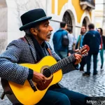 거리공연을 위한 법적 요구 사항 - A vibrant street performer playing an acoustic guitar in the historic Baixa district of Lisbon, surr...