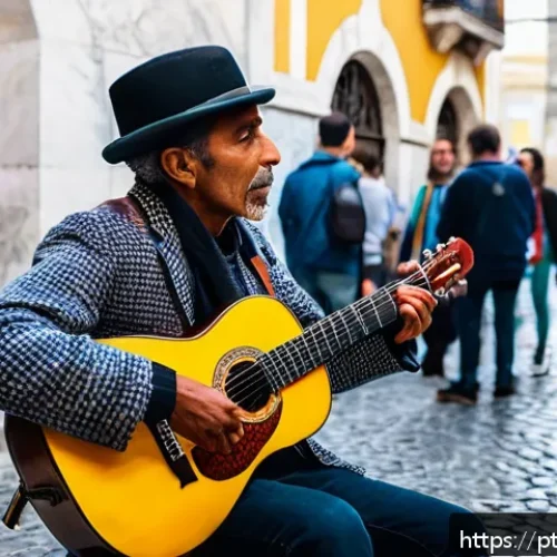 거리공연을 위한 법적 요구 사항 - A vibrant street performer playing an acoustic guitar in the historic Baixa district of Lisbon, surr...