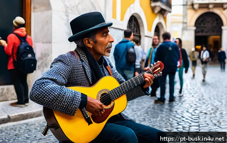 거리공연을 위한 법적 요구 사항 - A vibrant street performer playing an acoustic guitar in the historic Baixa district of Lisbon, surr...