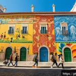 거리공연의 인식 개선 노력 - A vibrant urban mural in Lisbon depicting diverse local communities, cultural traditions, and social...