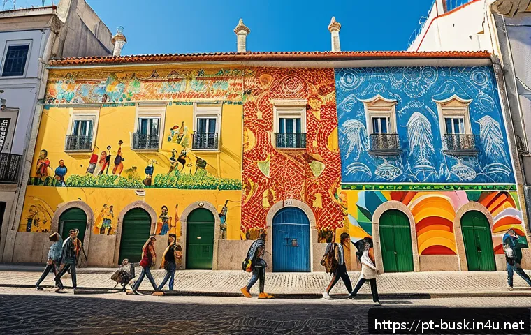 거리공연의 인식 개선 노력 - A vibrant urban mural in Lisbon depicting diverse local communities, cultural traditions, and social...