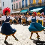 거리공연 시즌별 트렌드 - A vibrant spring street performance in a lively urban plaza in Lisbon, Portugal, featuring a diverse...