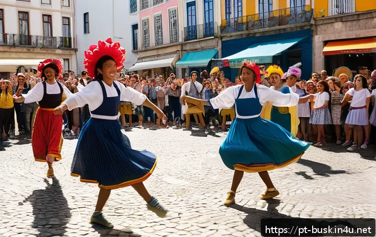 거리공연 시즌별 트렌드 - A vibrant spring street performance in a lively urban plaza in Lisbon, Portugal, featuring a diverse...