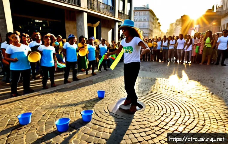 거리공연 창작 아이디어 - Photorealistic creative street performance in a lively Brazilian pedestrian square at golden hour, a...